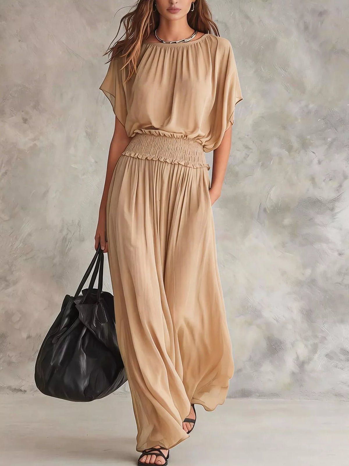Chiffon Maxi Dress with Smocked Waist