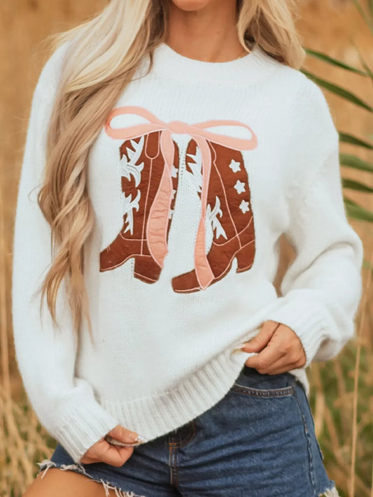 Embroidered Bow Boots Graphic Drop Shoulder Sweater