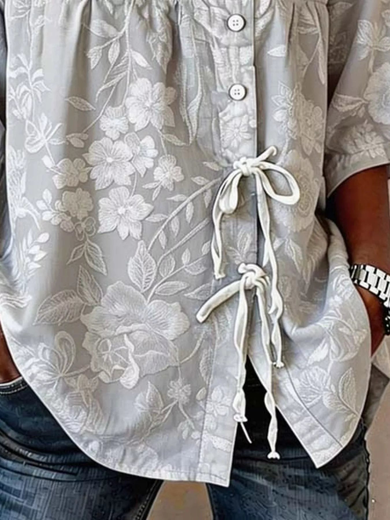Full Size Embroidered Floral Tie Front Shirt Plus Size