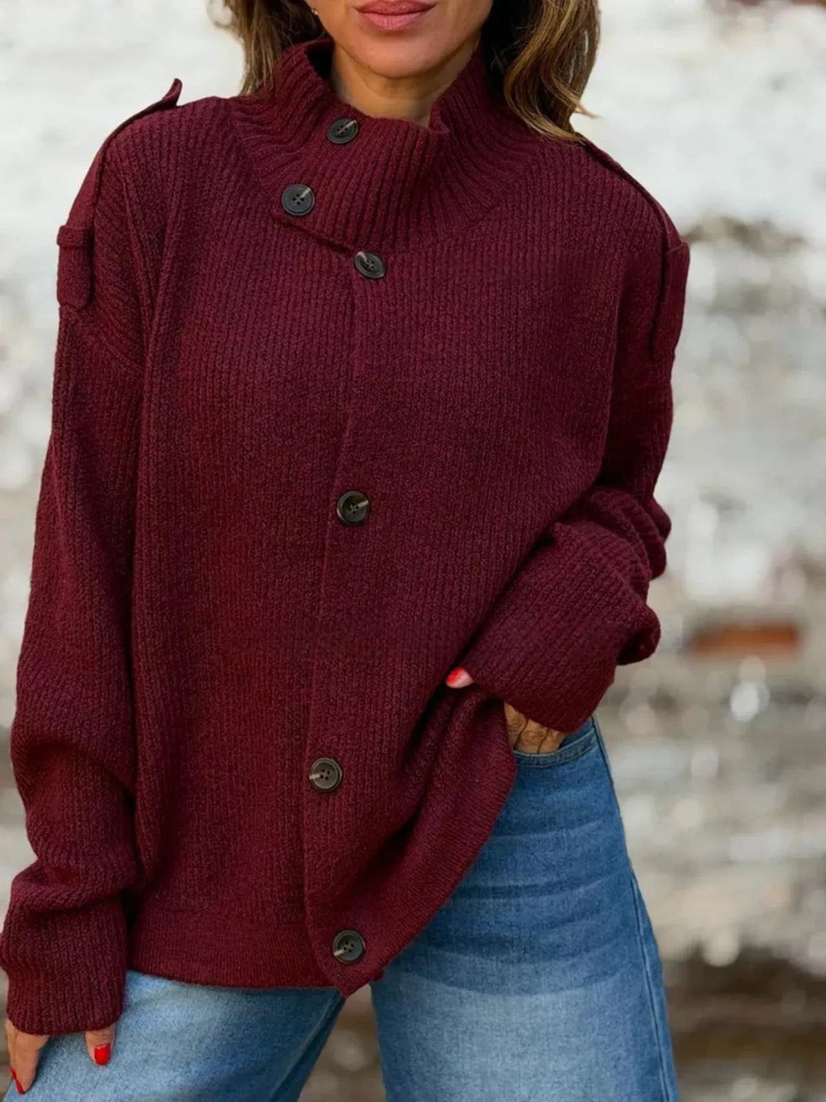 Full Size Button-Up Mock Neck Cardigan Plus Size