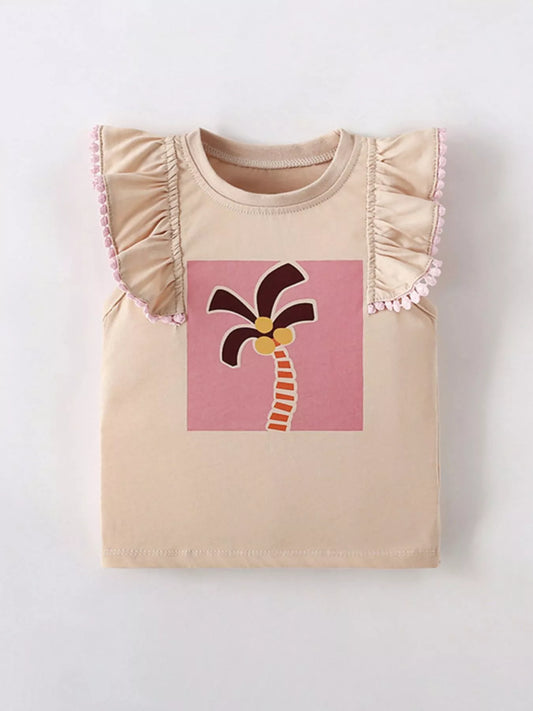 Children's Sleeveless Palm Tree Graphic T-Shirt with Ruffle Trim