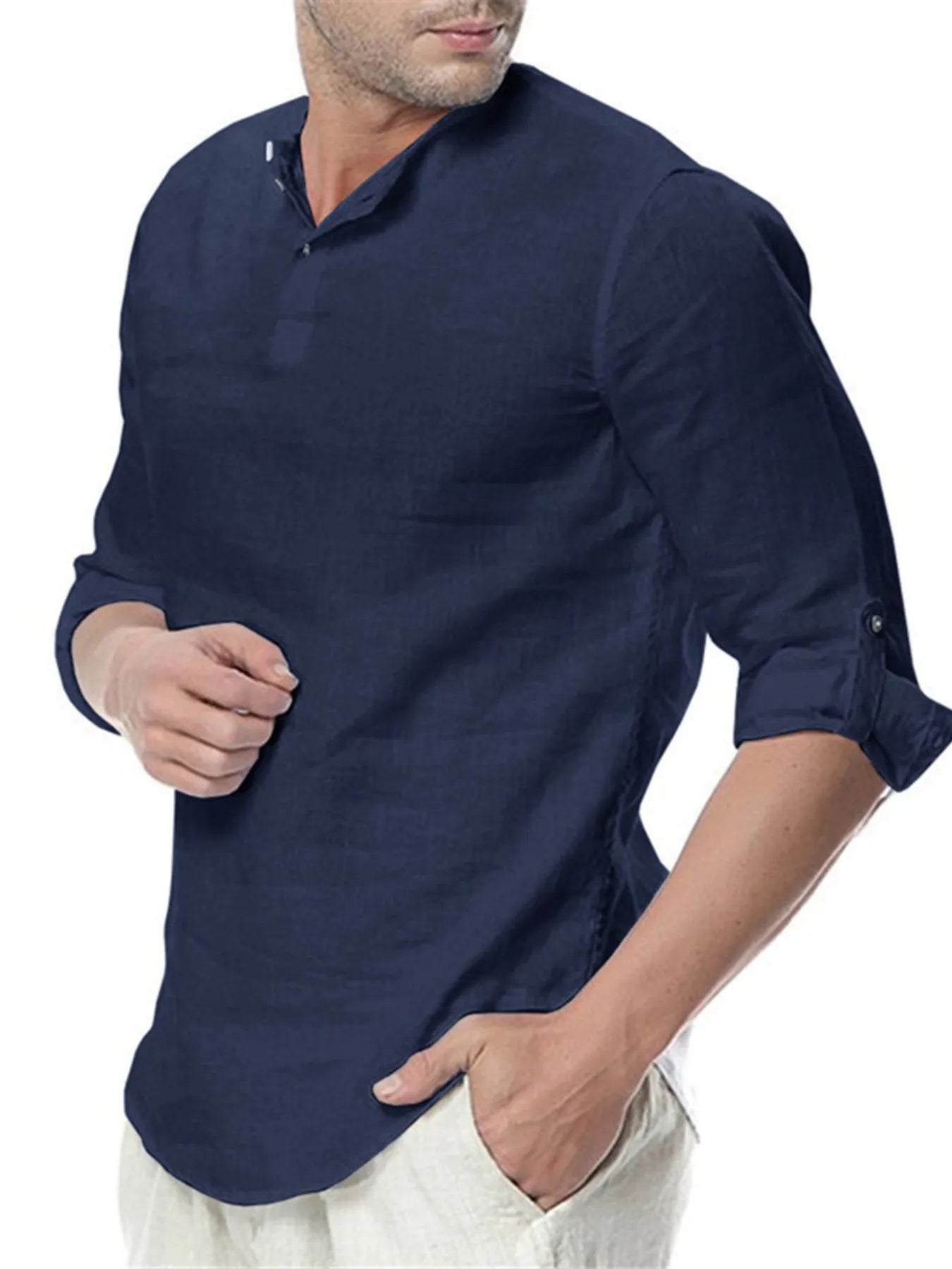 Men's Plus Size Solid Color Roll-Up Sleeves Blouse