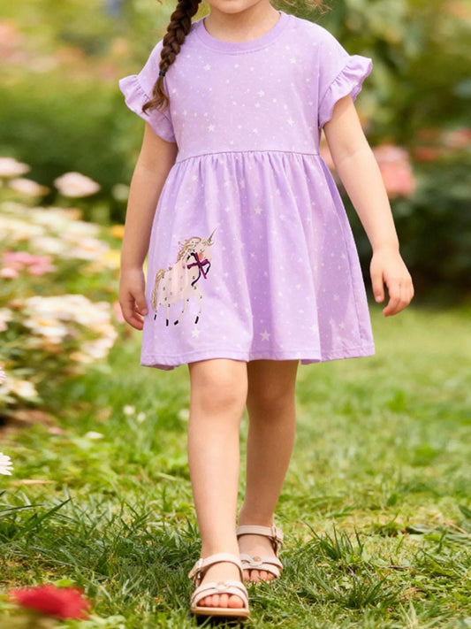 Children's Unicorn Star Print Ruffled Sleeve Dress