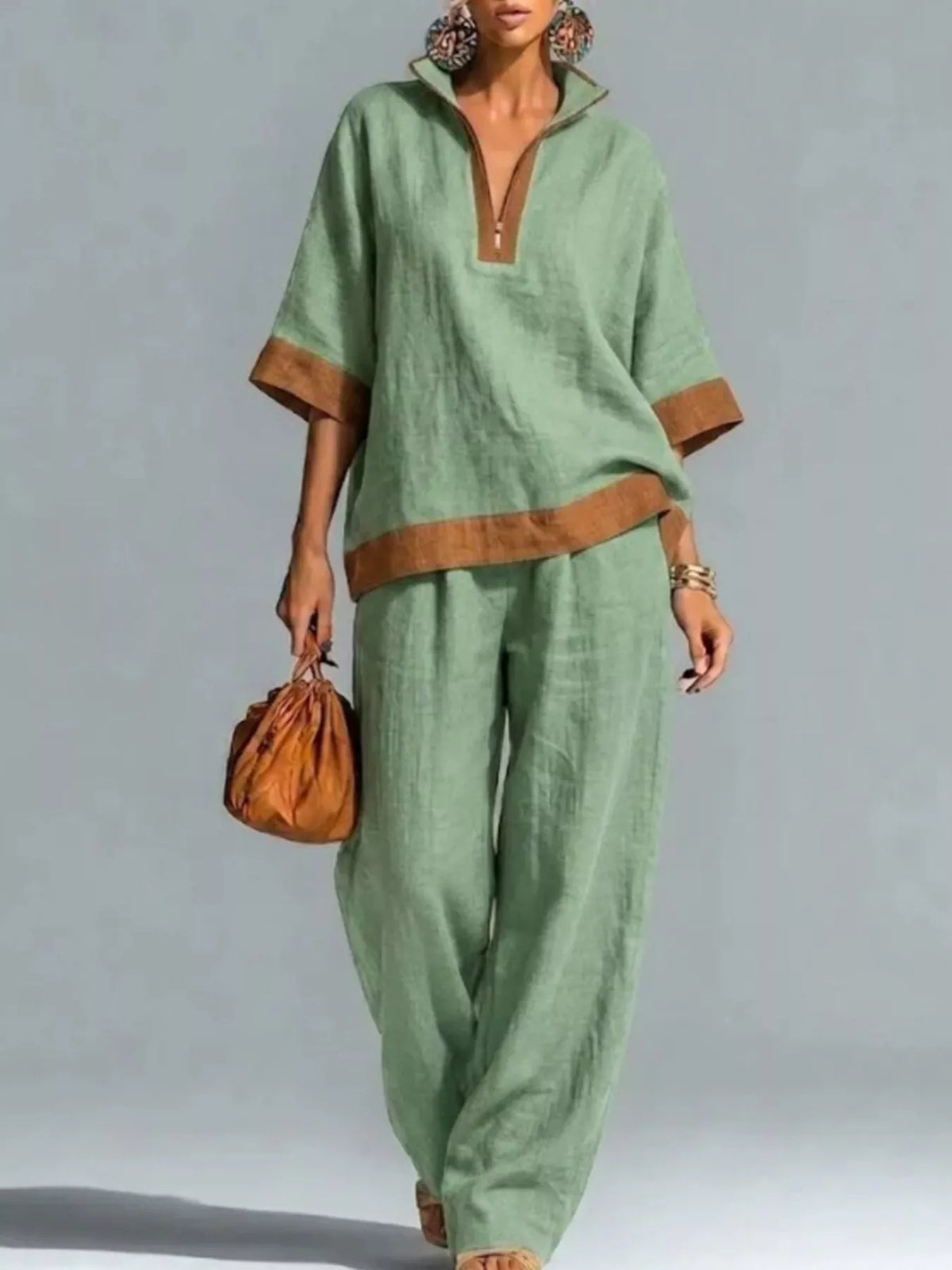 Full Size Contrast Trim Top and Wide Leg Pants Set Plus Size