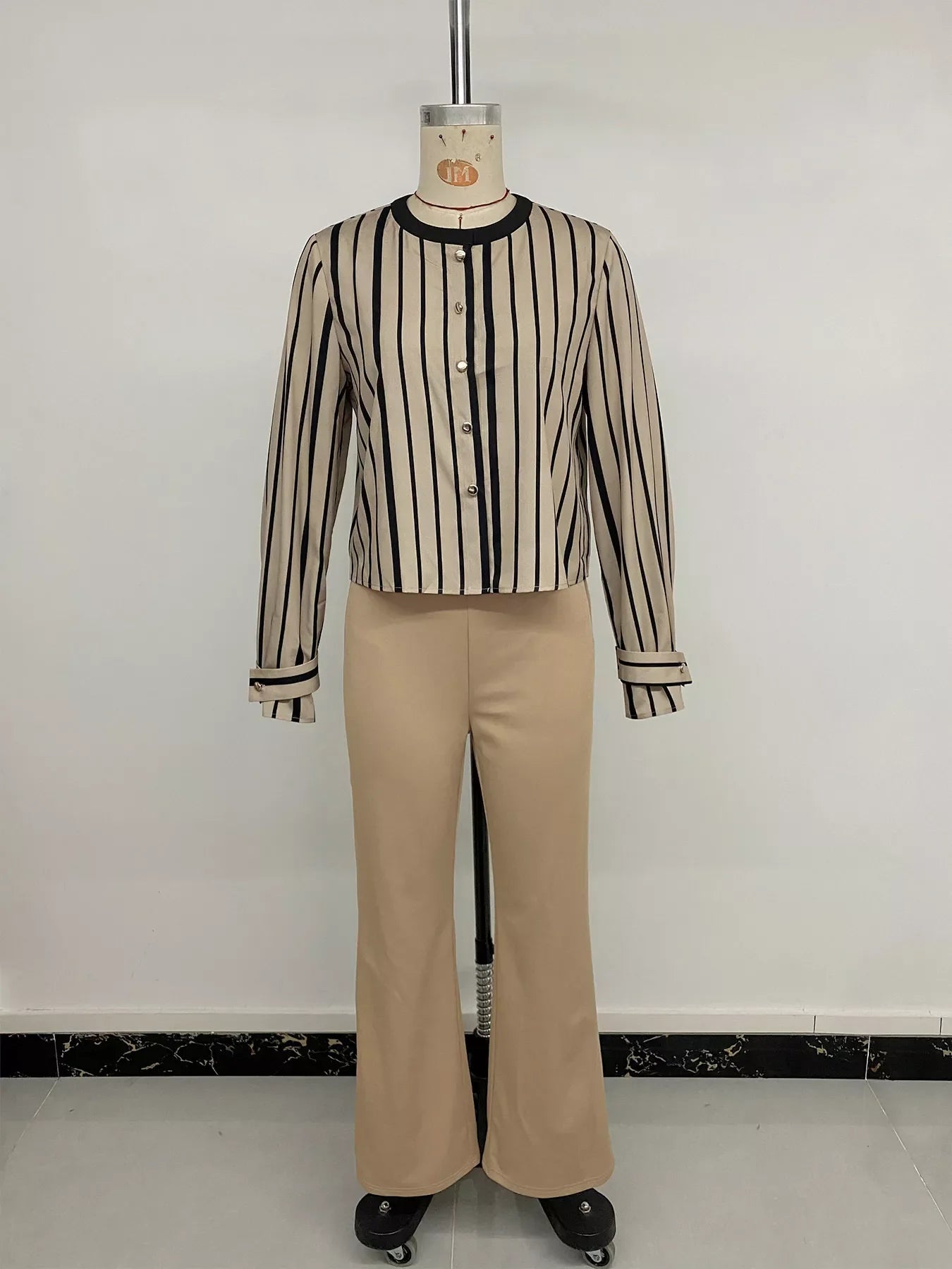 Striped Button-Down Shirt and High-Waisted Flare Pants Set