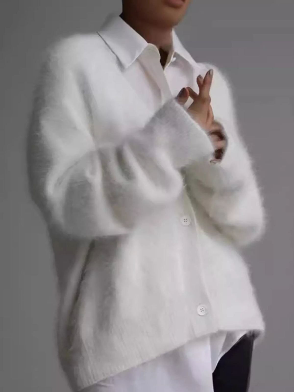 Fuzzy V-Neck Button-Down Cardigan