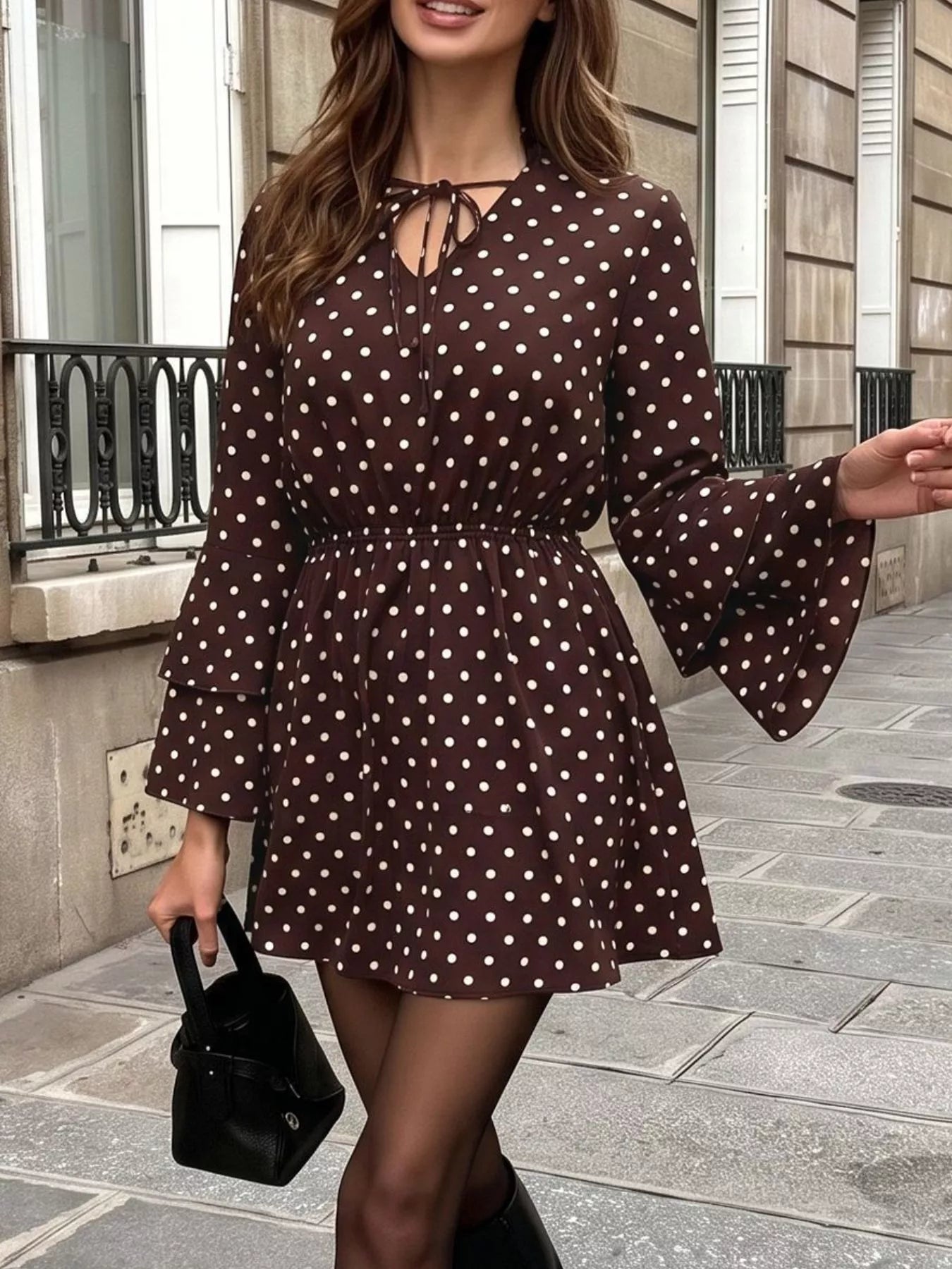 Polka Dot Flare Sleeve Tie Neck Dress
