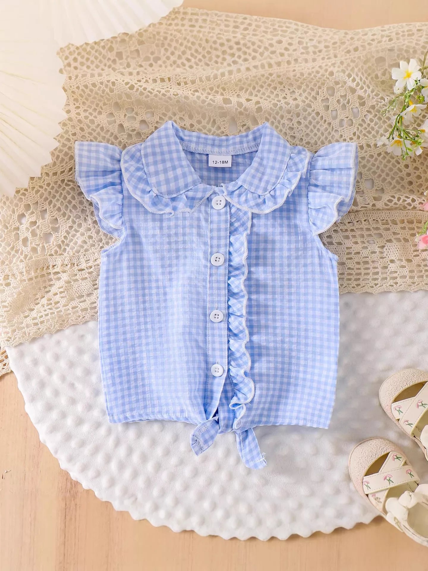 Children's Gingham Ruffle Collar Sleeveless Shirt