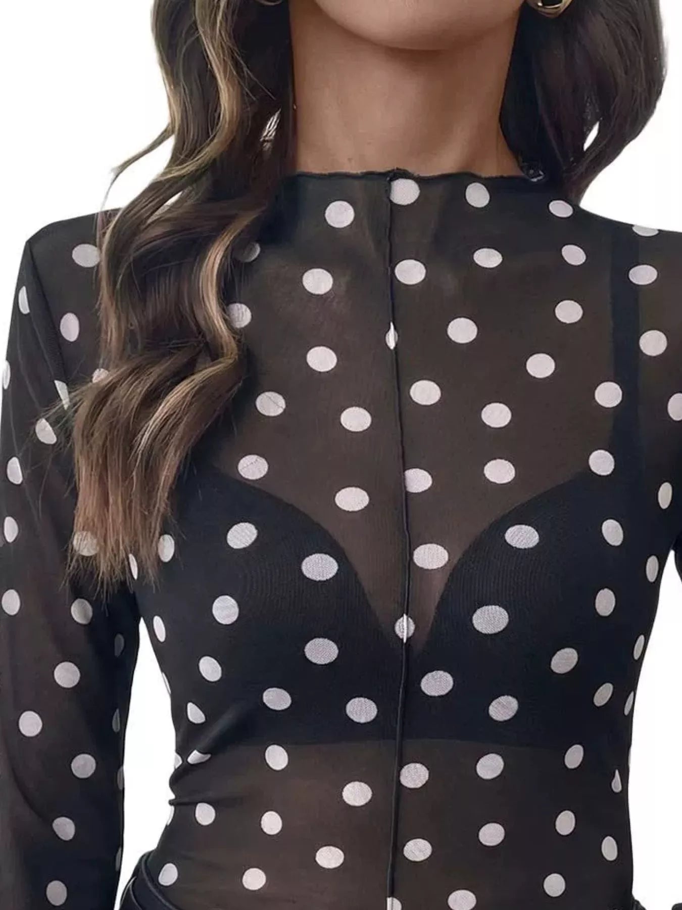 Sheer Polka Dot Long Sleeve Mock Neck Top
