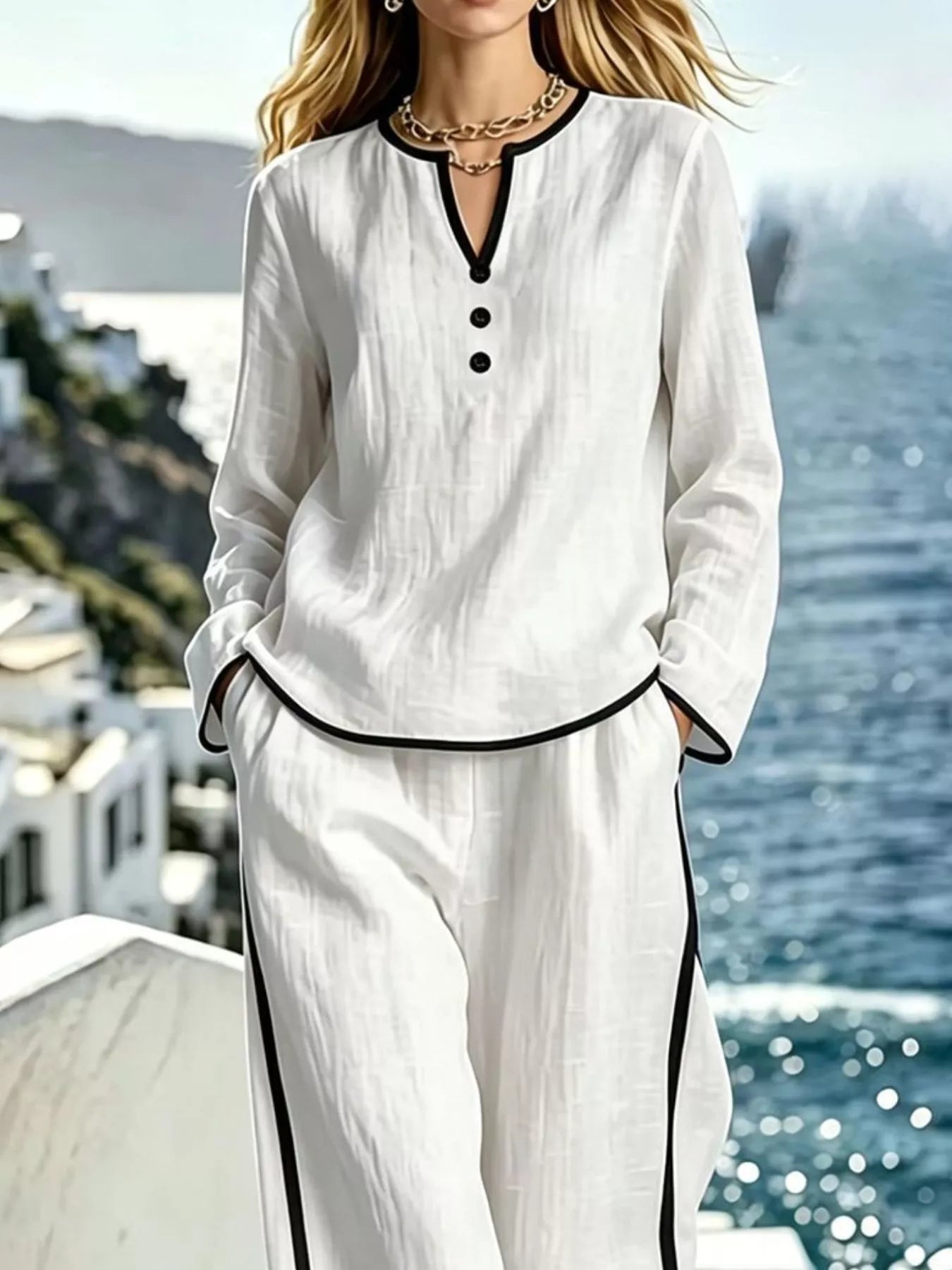 Contrast Trim Long Sleeve Top and Pants Set