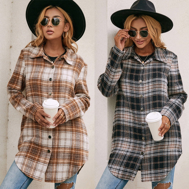 Women's Loose Casual Lapel Plaid Shirt Jacket