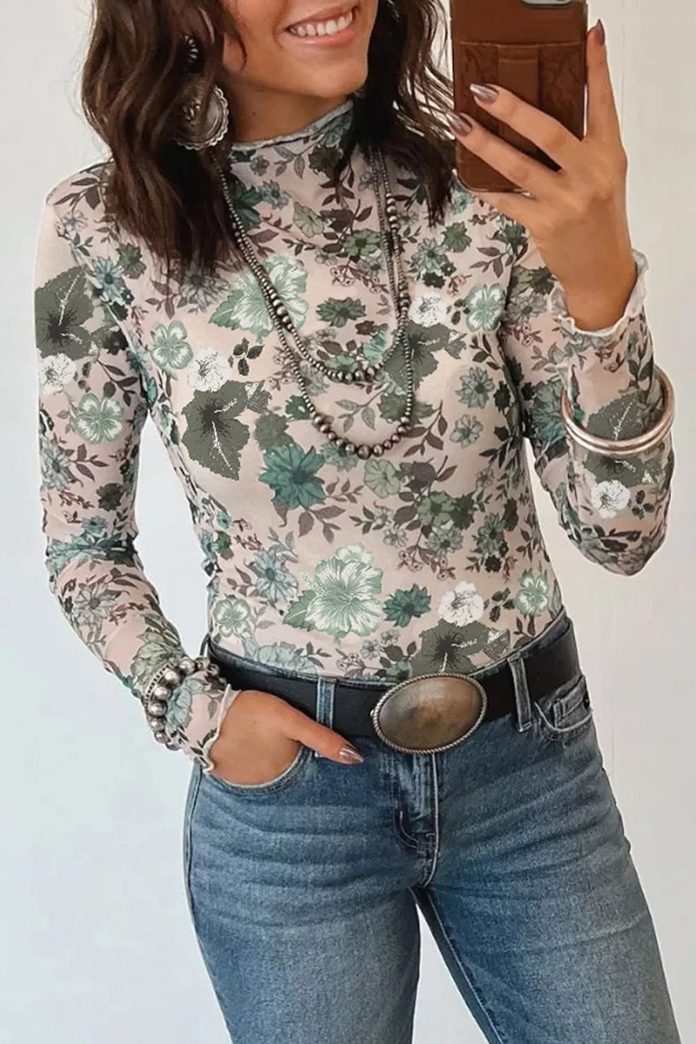 Floral Print Mesh Mock Neck Long Sleeve Top