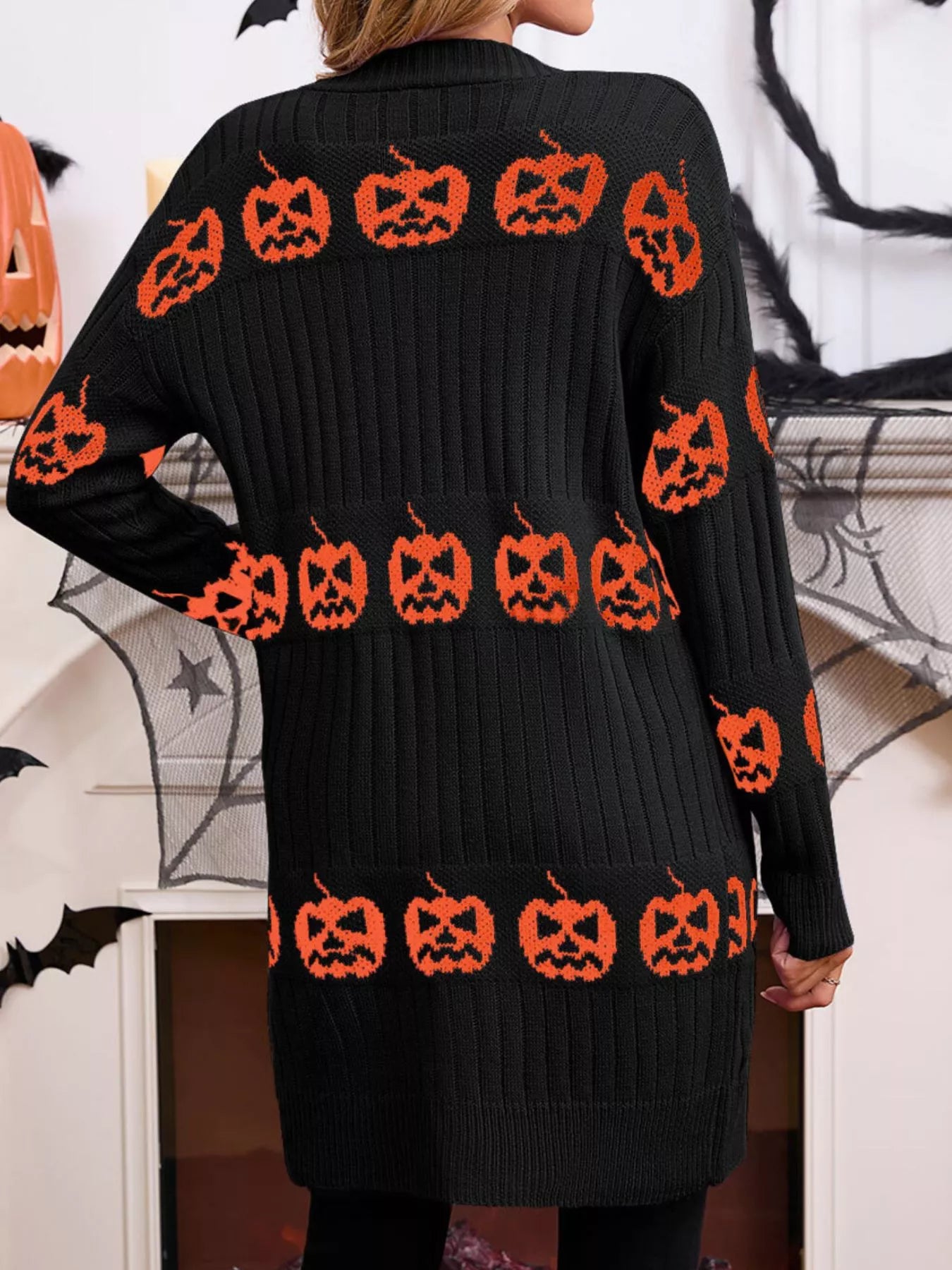 Halloween Pumpkin Open Front Knit Cardigan
