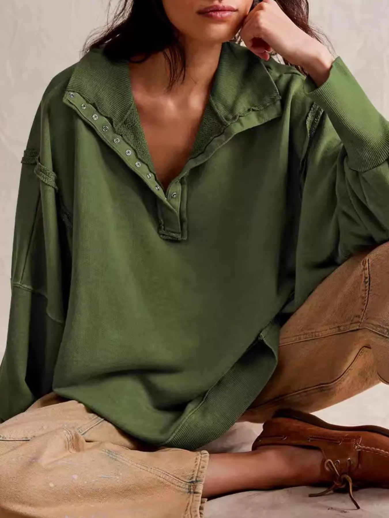 Snap-Button Dropped Shoulder Sweatshirt