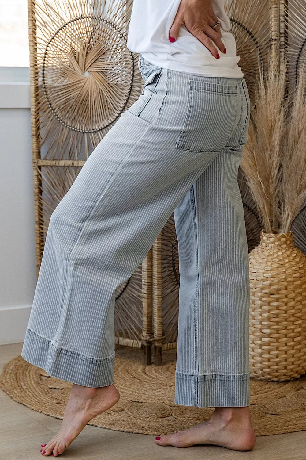 Striped Wide-Leg Cropped Jeans