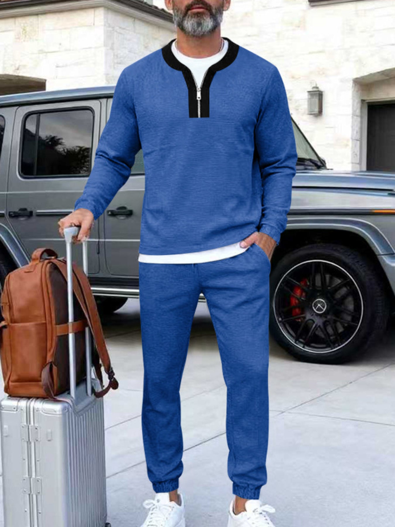 Men's Plus Size Casual Zipper Neck Long Sleeve Top and Pants Set