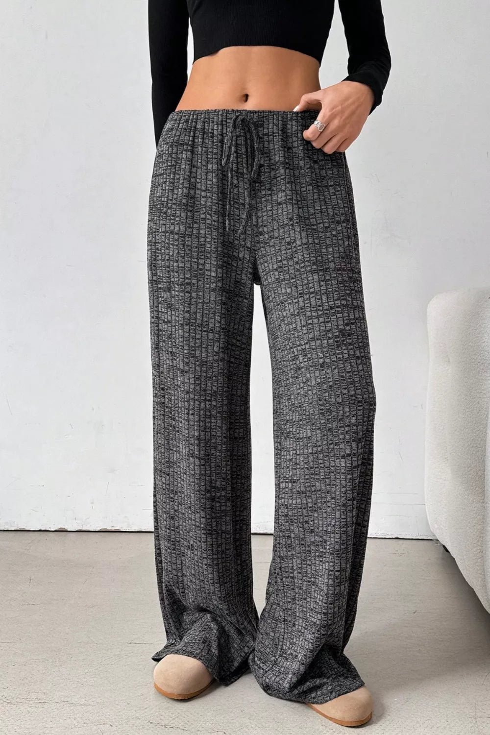 Ribbed Knit Drawstring Wide Leg Pants