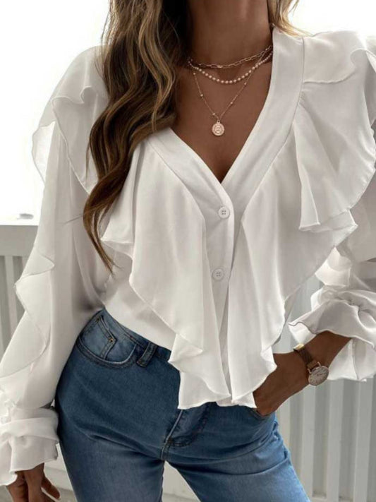 Full Size Ruffle Trim V-Neck Shirt Plus Size