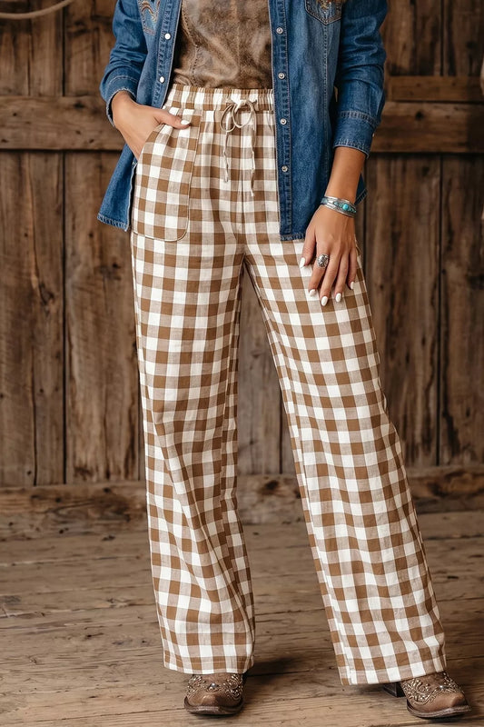 Gingham Plaid Tie Elastic Waist Shift Pants