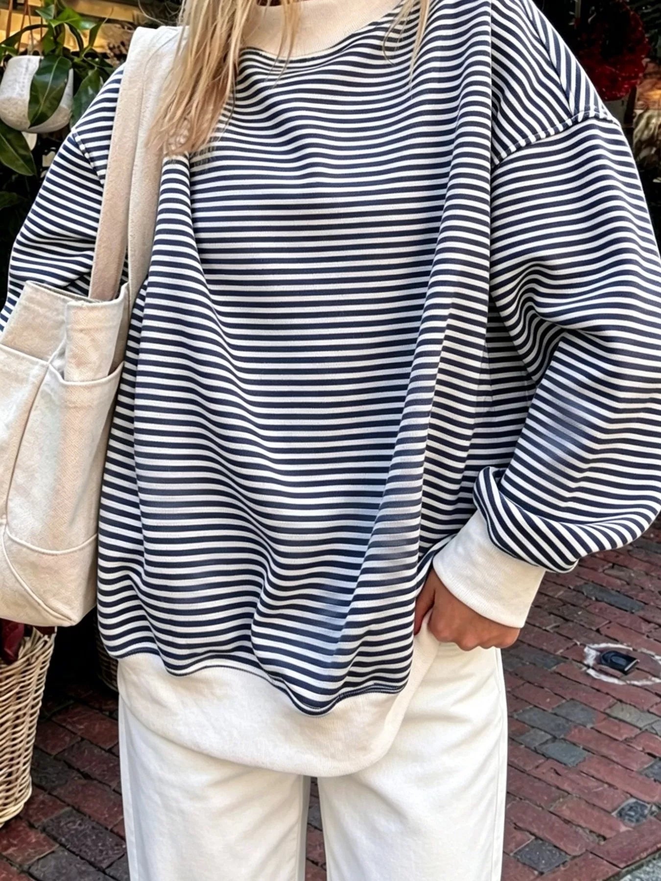 Oversized Striped Crew Neck Sweatshirt