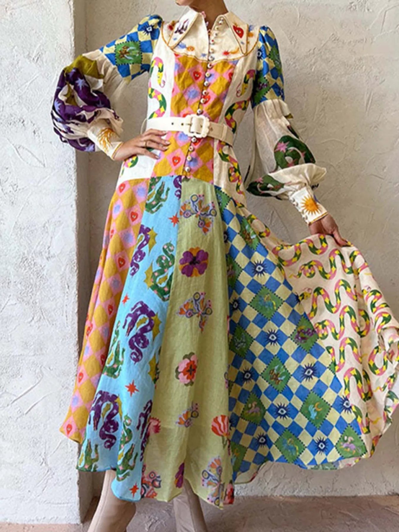 Full Size Printed Lantern Sleeve Maxi Dress Plus Size