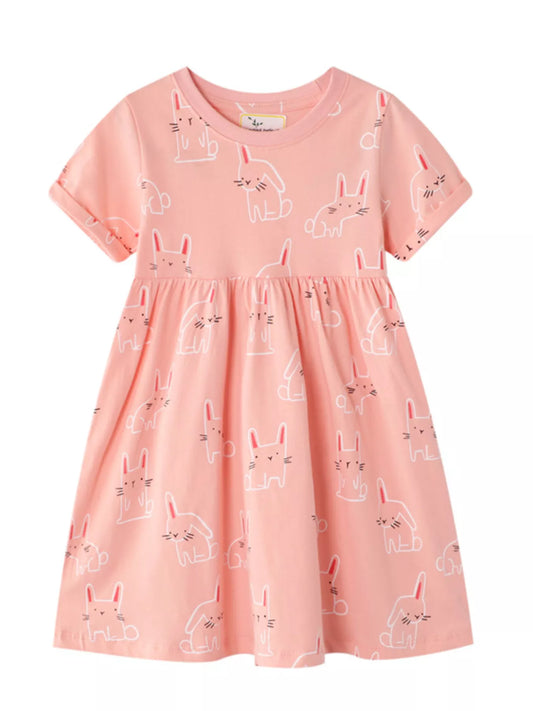 Children's Cute Rabbit Print Round Neck Dress