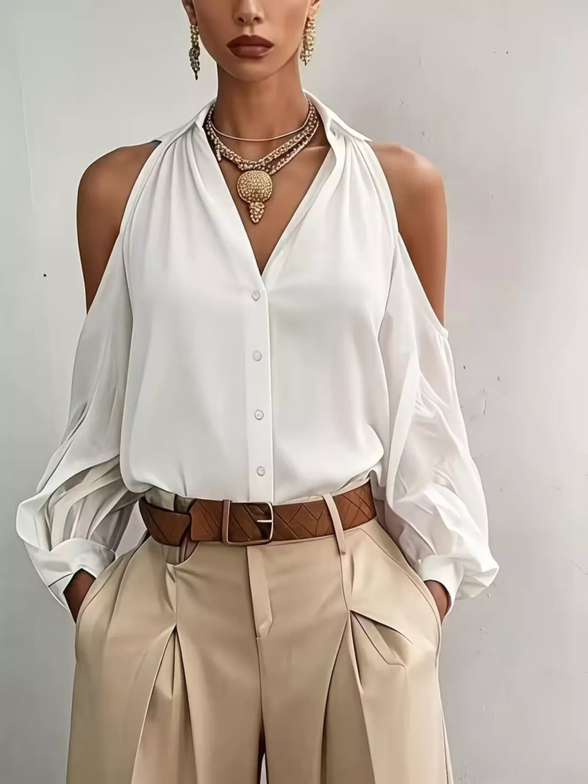 Cold-Shoulder Button-Down Shirt