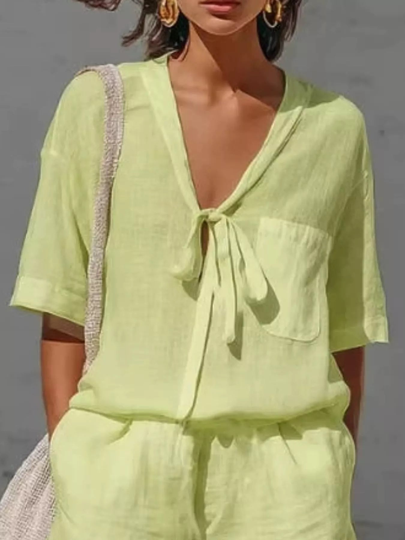 Tie-Front Half Sleeve Shirt and Shorts Set