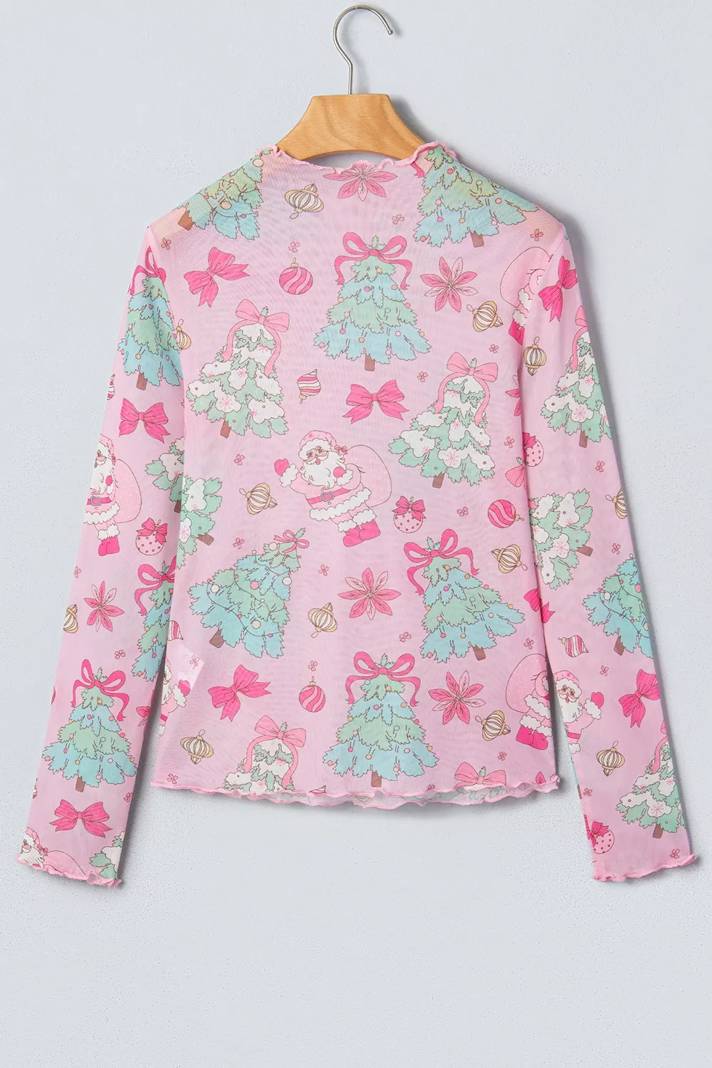 Christmas Print Sheer Mesh Slim Fit Long Sleeve Top