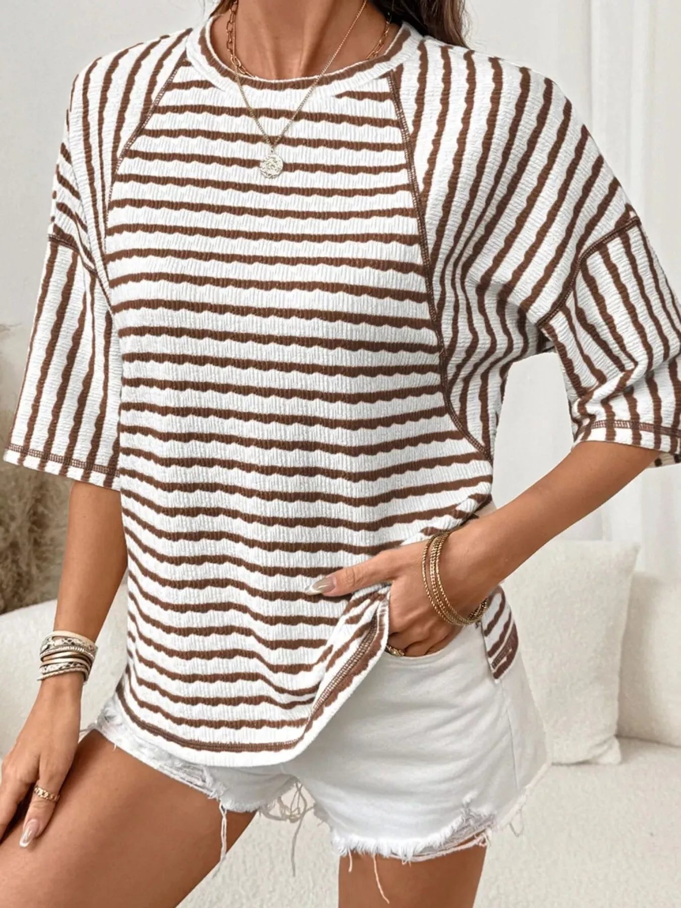 Casual Striped Raglan Sleeve Textured T-Shirt