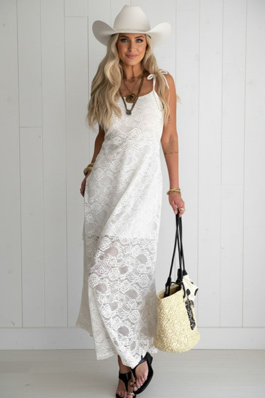 Floral Lace Tie Spaghetti Straps Maxi Dress