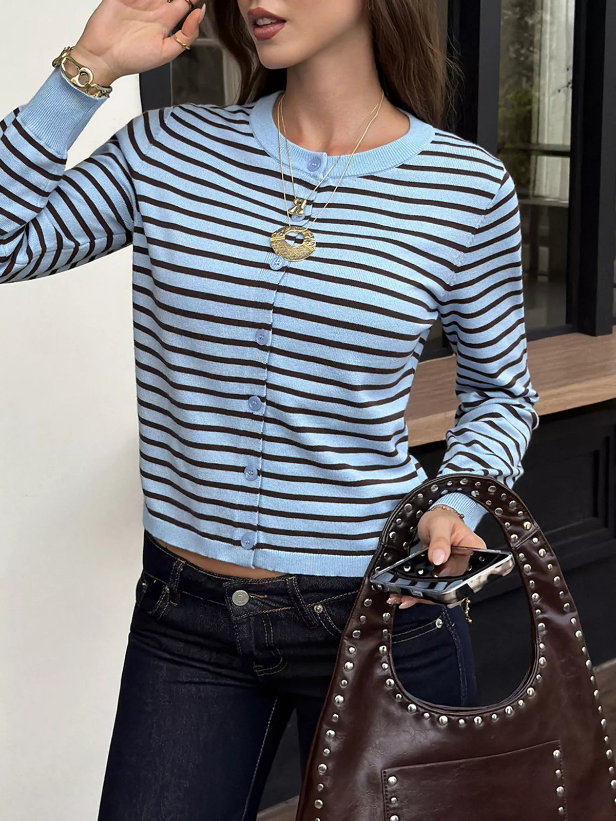 Striped Crew Neck Button-Down Cardigan