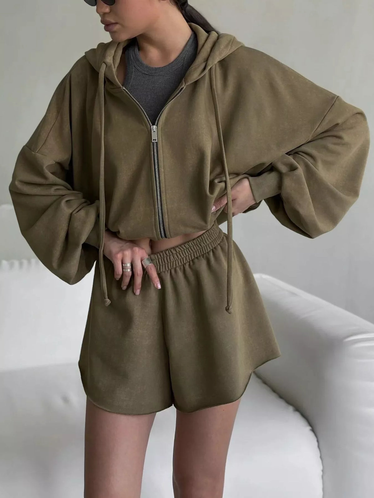 Oversized Zip-Up Hoodie and Shorts Set