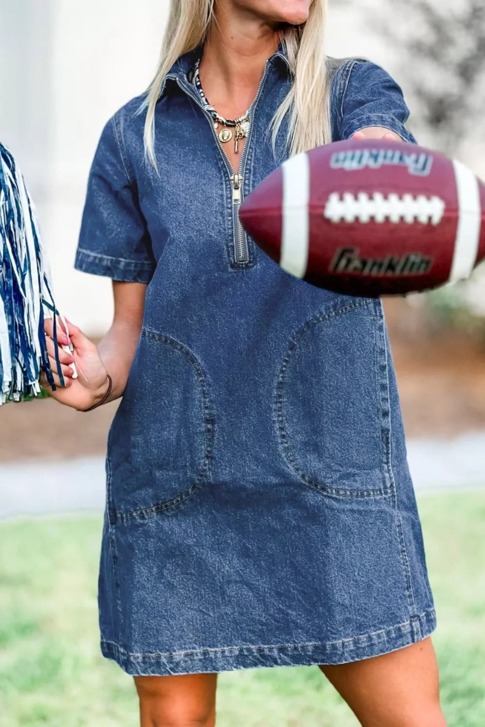 Zip Up Collared Short Sleeve Shift Mini Denim Dress
