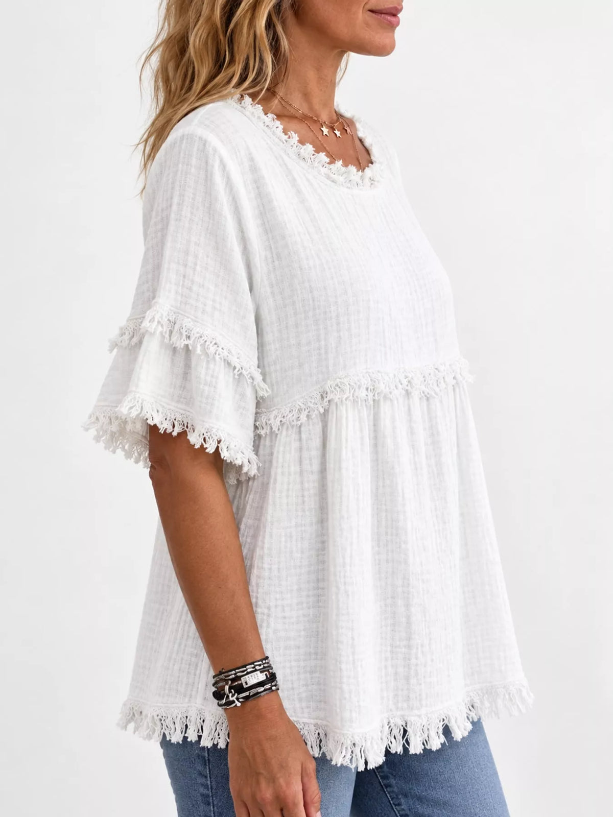 Full Size Frayed Edge Textured Blouse Plus Size
