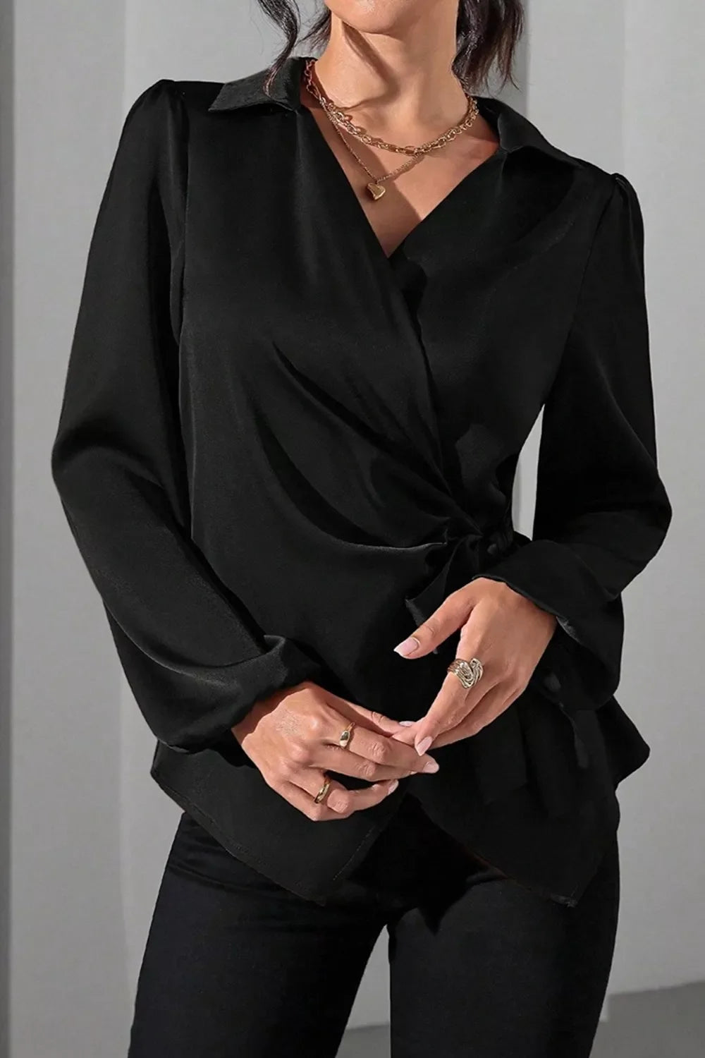Satin Tied Detail Long Sleeve Blouse