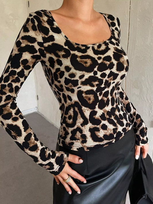 Leopard Print Square Neck Long Sleeve Top