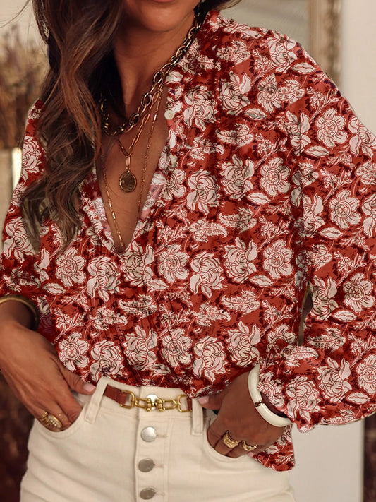 Floral Print Split Neck Pleated Long Sleeve Blouse