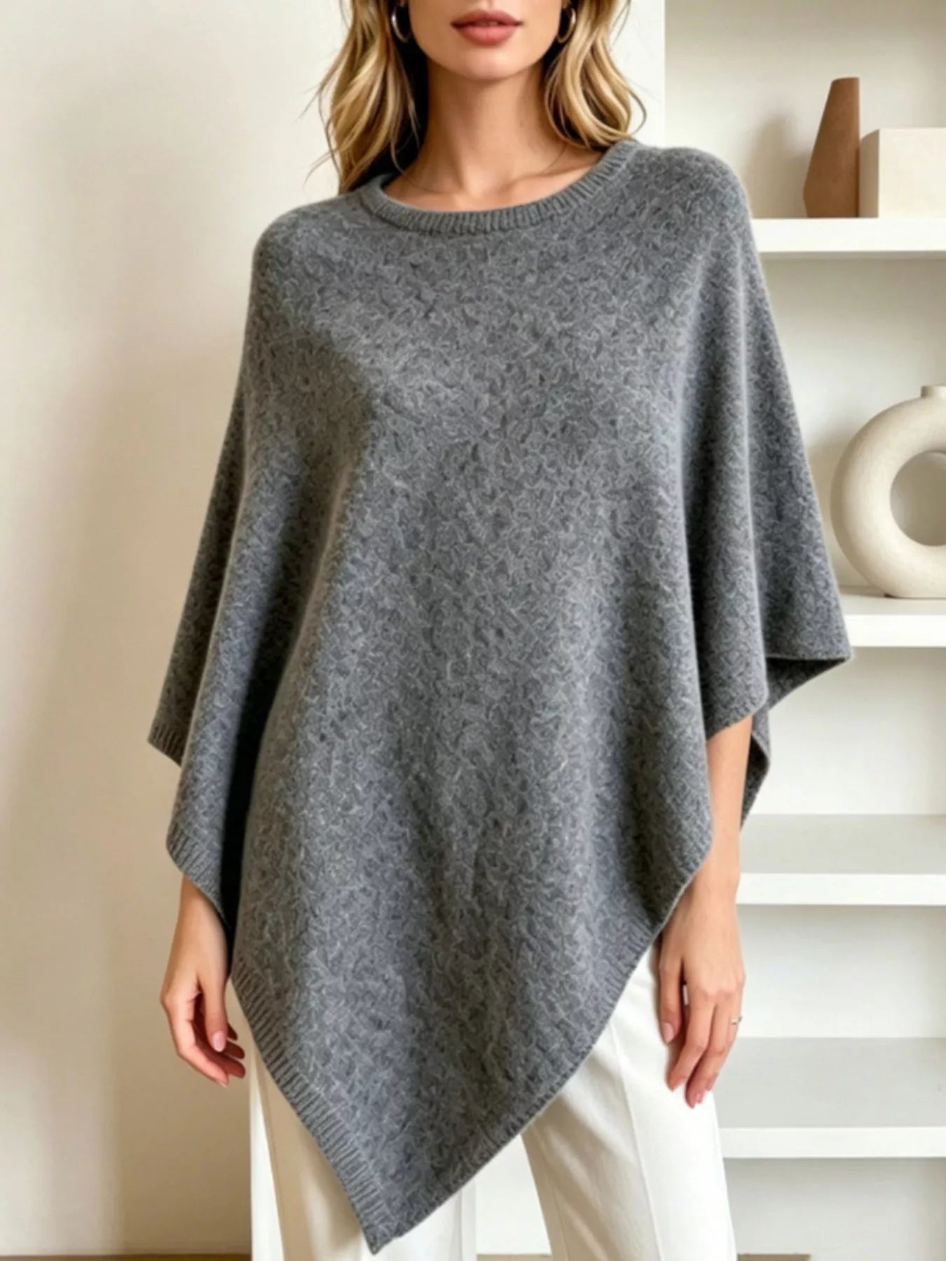 Asymmetrical Hem Knit Poncho