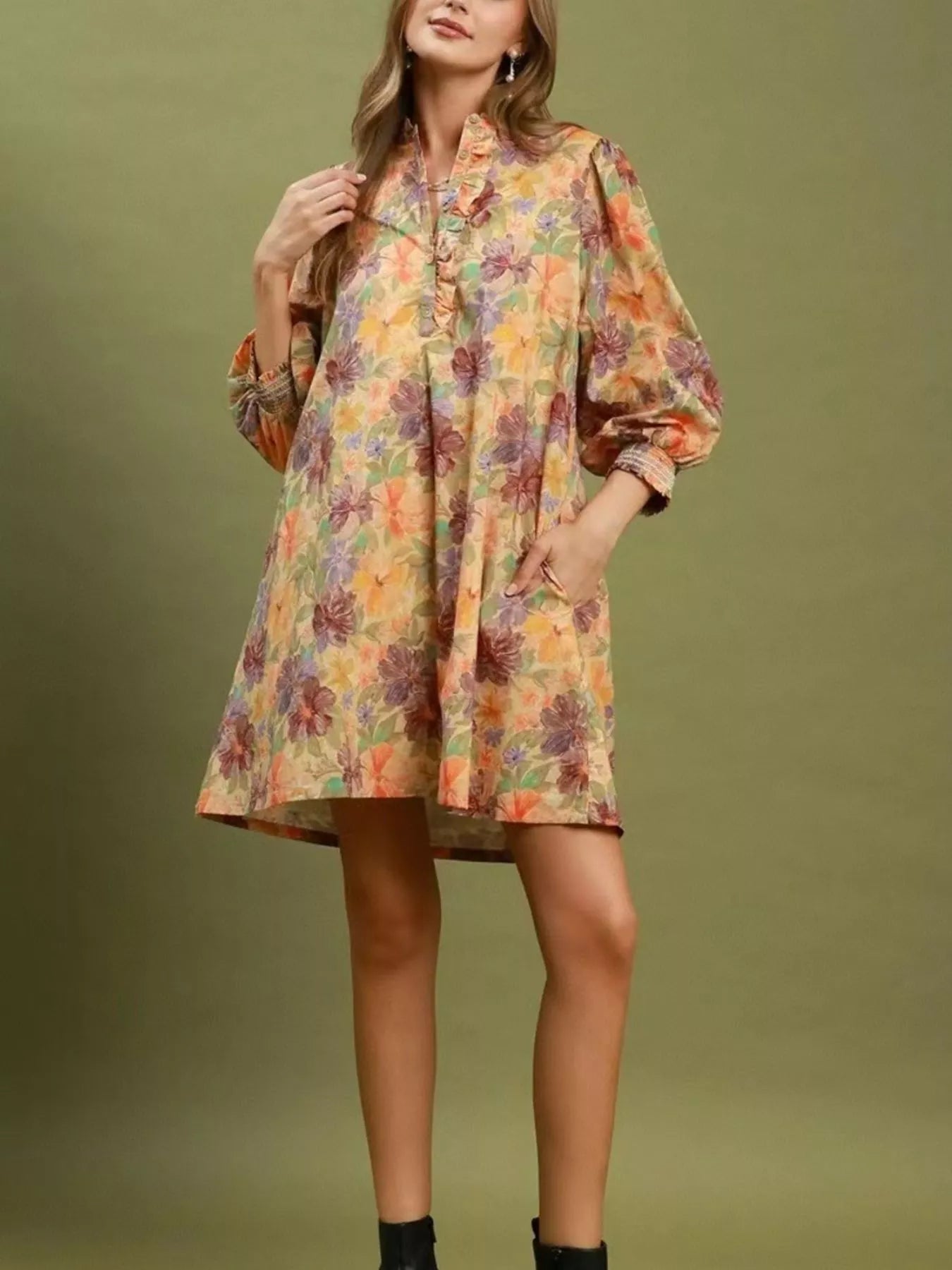 Vintage Floral Print 3/4 Sleeve Dress