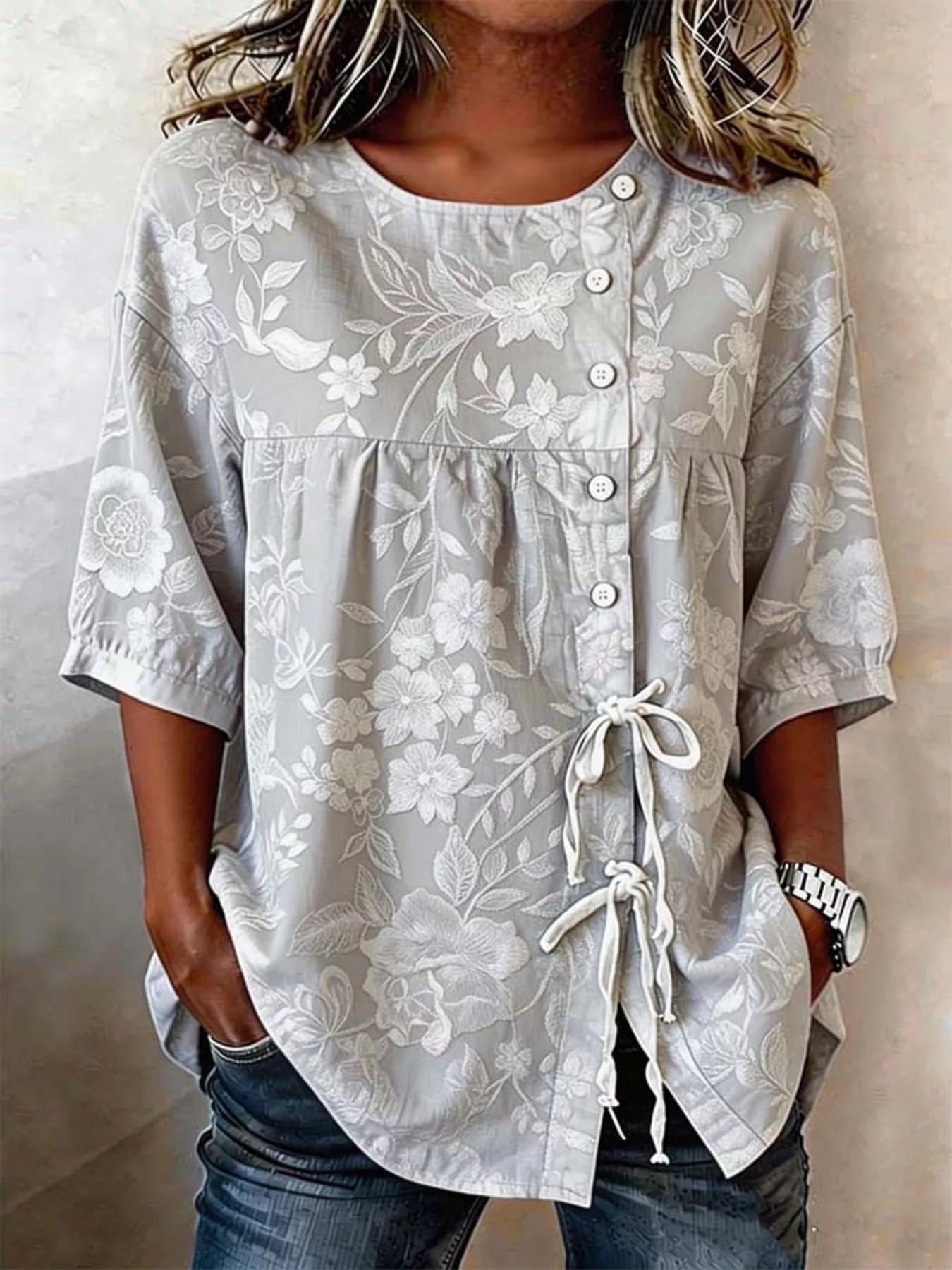 Full Size Embroidered Floral Tie Front Shirt Plus Size