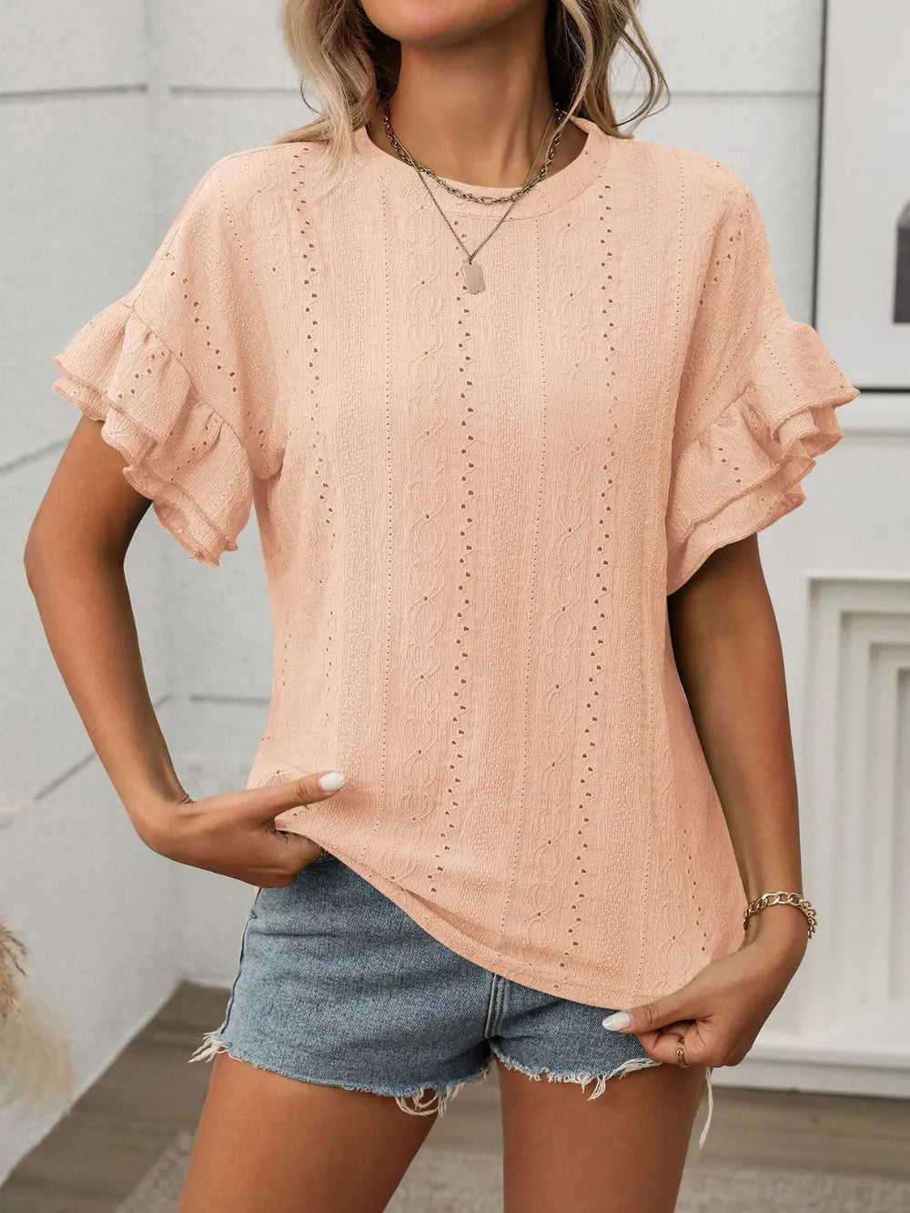 Eyelet Round Neck Flounce Sleeve Top