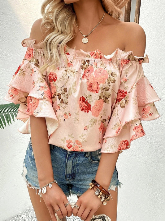 Floral Print Ruffle Off Shoulder Blouse