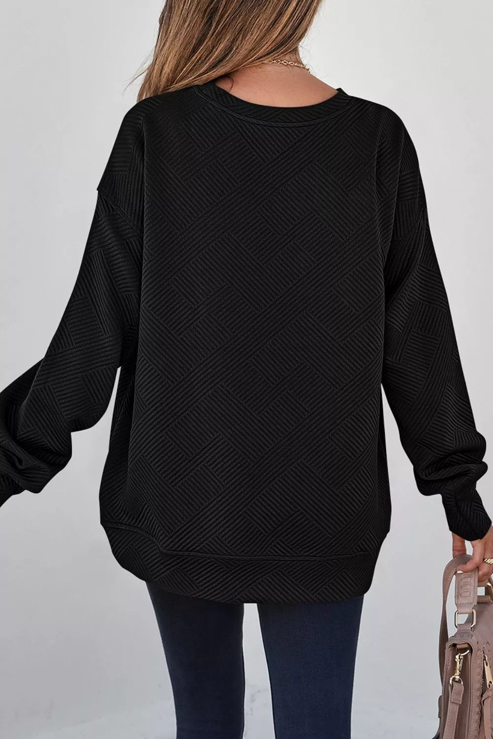 Solid Color Textured Round Neck Drop Shoulder Pullover Sweatshirt