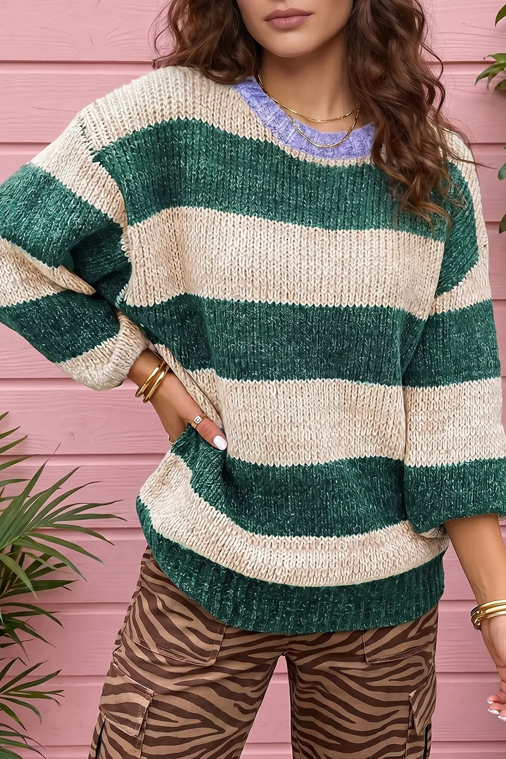 Stripe Striped Colorblock Drop Shoulder Pullover Sweater