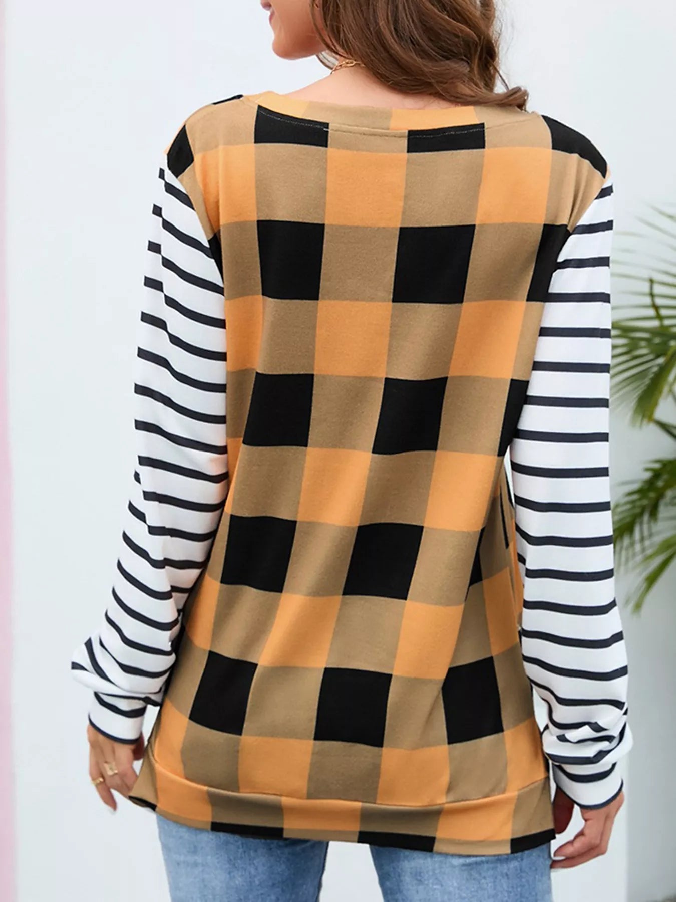 Plaid and Stripe Contrast Long Sleeve T-Shirt