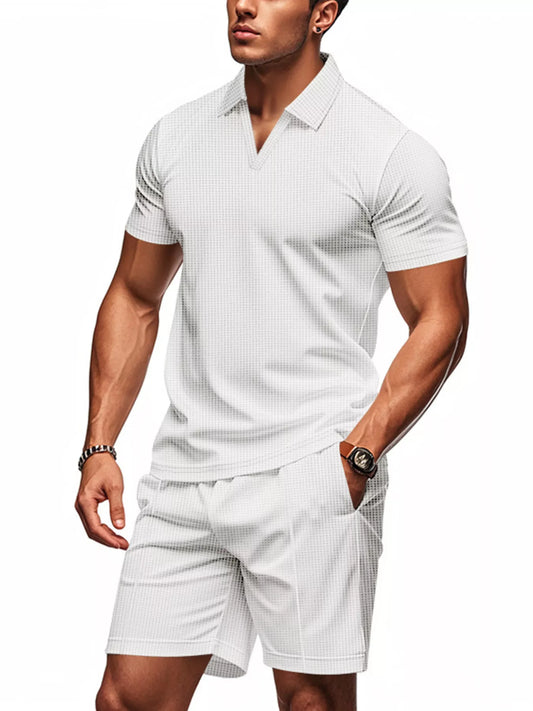 Men's Full Size Textured Short Sleeve Polo and Shorts Set Plus Size