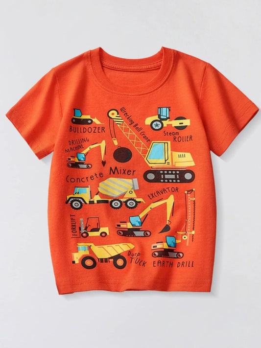 Children's Construction Vehicle Crew Neck Short Sleeve T-Shirt