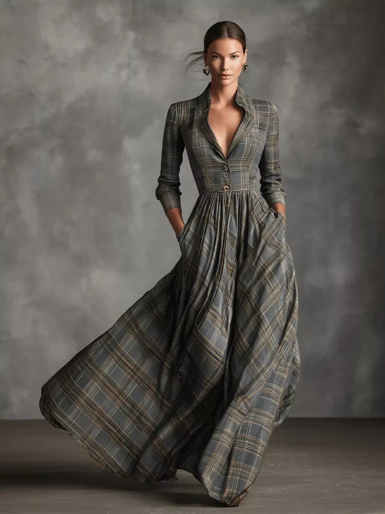 Plaid Lapel Maxi Dress with Pockets