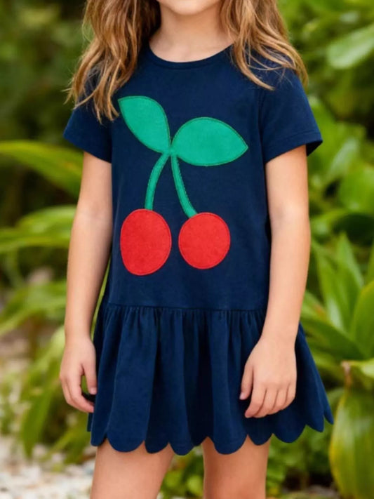 Children's Cherry Applique Ruffle Hem Dress